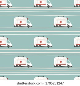 Rescue services. Ambulance cars seamless pattern. Vector childish illustration in scandinavian simple hand-drawn style. The limited palette is ideal for printing on baby clothes, digital paper.