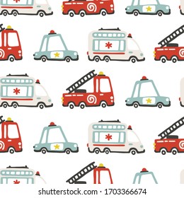 Rescue services cars seamless pattern. Vector childish illustration in scandinavian simple hand-drawn style. The limited palette is ideal for printing on baby clothes, digital paper.