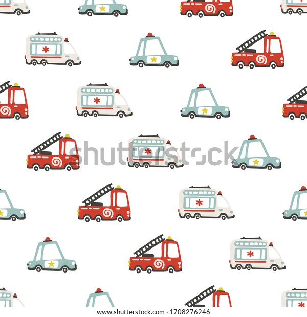 Rescue\
services cars seamless pattern. Vector childish illustration in\
scandinavian simple hand-drawn style. The limited palette is ideal\
for printing on baby clothes, digital\
paper.