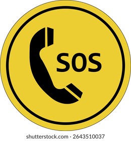 Rescue services telephone. SOS international distress signal. Yellow circle sticker. Warning icon. Yellow sign. Circle label.