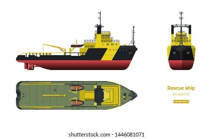 Rescue ship on white background. Top, side and front view. Industry blueprint in realistic style. Isolated drawing of boat. Vector illustration