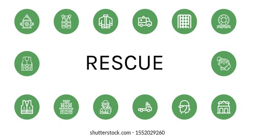 rescue simple icons set. Contains such icons as Fire hydrant, Life jacket, Firefighter uniform, Ambulance, Rope ladder, Life saver, Vest, can be used for web, mobile and logo