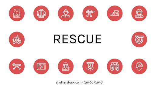 rescue simple icons set. Contains such icons as Life jacket, Firefighter uniform, Firefighter, Stretcher, Ambulance, Firewoman, Exit, Fireman, can be used for web, mobile and logo