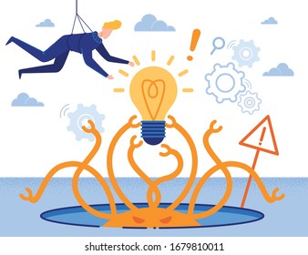 Rescue Solution Idea Creation Metaphor. Cartoon Man in Protective Clothing Hanging on Rope Saves Glowing Light Bulb from Flat Dangerous Monster. Business Startup Risks. Vector Illustration