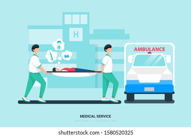 Rescue staff with emergency case sick person moving to ICU. Can use for web banner, infographics, hero images. Flat style color modern vector illustration