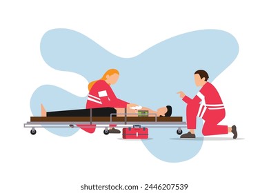 Rescue staff with emergency case sick person 2d flat vector illustration