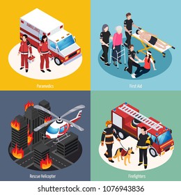 Rescue team 2x2 design concept set of paramedics firefighters rescue helicopter and first aid isometric compositions vector illustration 