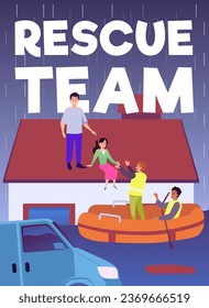 Rescue team banner or poster template with rescuers remove people from the roof of a sunken house during flood or tsunami disaster, flat vector illustration.
