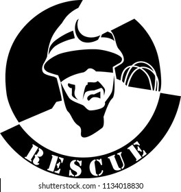 Rescue team emblem , a man with safety helmet and search lamp  