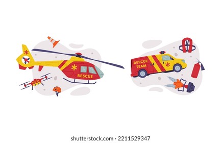 Rescue Team Equipment with Specialized Machine and Emergency Vehicle for Urgent Saving of Life Vector Set