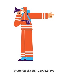 Rescue team fireman with megaphone announces evacuation alarm. Alert escape evacuation and fire hazard, flat cartoon vector illustration isolated on white background.