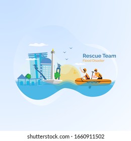 Rescue team for flood disaster, Jakarta city flood illustration