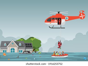 Rescue team with rescue helicopter and boat rescue in mission rescue at sea or flood, vector illustration.