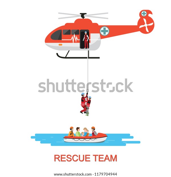 Rescue team with rescue helicopter and boat\
rescue in mission rescue at sea or flood, isolate on white, vector\
illustration.
