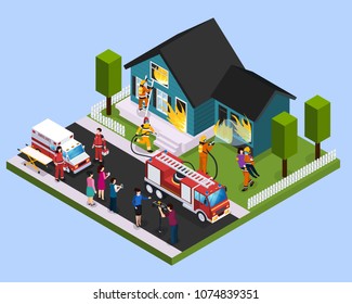 Rescue team isometric composition with  firefighters engaged in extinguishing of burning building and saving people vector illustration vector illustration