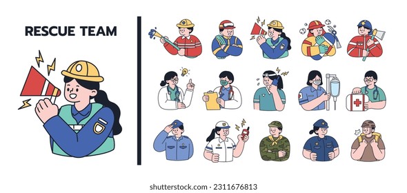 Equipo de rescate. Día del Trabajo. Colección de personajes y uniformes de diversos grupos ocupacionales, paramédicos, médicos, policías, soldados y bomberos. Vector de estilo de dibujos animados con ilustración de contorno.