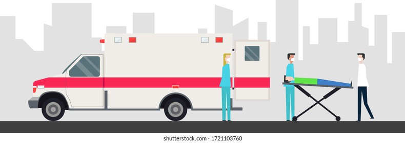 Rescue team provides first aid. Ambulance concept in flat style isolated. Young doctor paramedic man and woman, ambulance and patient on stretcher. Ambulance emergency paramedic carrying patient.