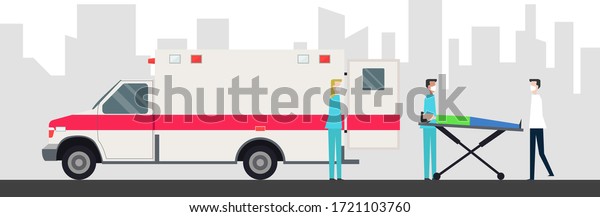 Rescue team provides first aid. Ambulance\
concept in flat style isolated. Young doctor paramedic man and\
woman, ambulance and patient on stretcher. Ambulance emergency\
paramedic carrying\
patient.