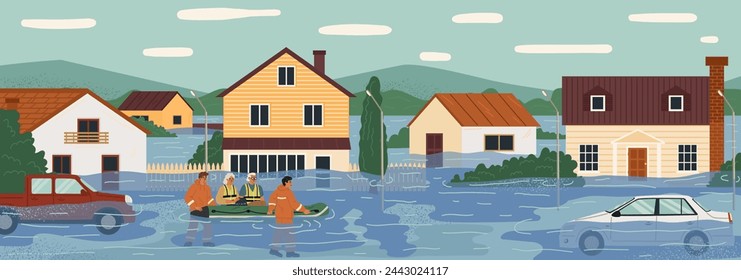 Rescue team saving flood victims vector illustration