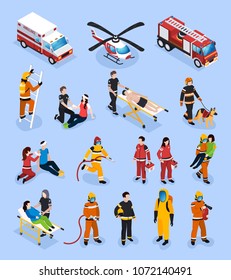 Rescue teams isometric set with people in professional uniform engaged in medical healthcare and fire control vector illustration