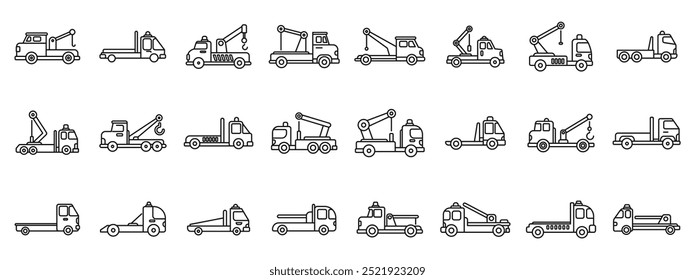 Conjunto de ícones de reboque de resgate. Ícones de linha simples representando uma variedade de caminhões de reboque para assistência na estrada