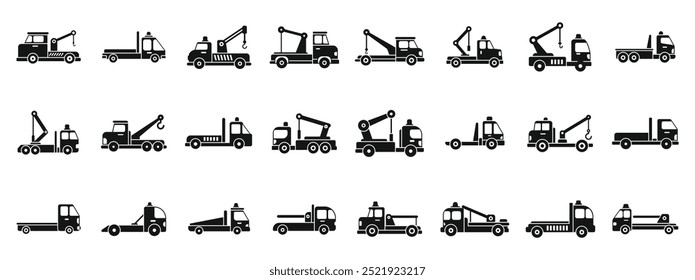 Conjunto de ícones de reboque de resgate. A evacuação do reboque está transportando o ícone de carros quebrados definido em estilo simples