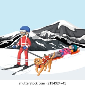 Rescue using stretcher on snow mountain illustration