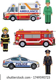Rescue Vehicles: Fire Engine, Ambulance Cars.  Paramedic and firefighter