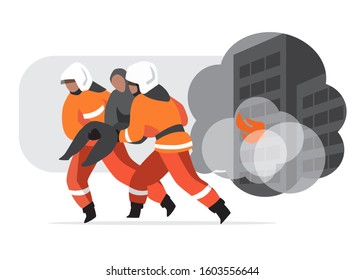 Rescue of the victim in a natural disaster. Fire, firemen, burning building. Vector illustration.