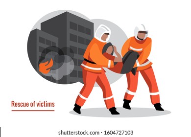 Rescue of the victim in a natural disaster. Fire, firemen, burning building.Vector illustration.