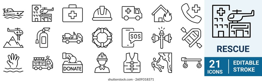 Rescue web line icon set. Includes ambu bag ,barrier, fire hydrant, first aid, flashlight, ladder, and More. Outline icons vector collection.