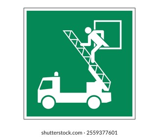 Rescue Window Sign Featuring a Green Background with a White Pictogram of a Fire Truck with Ladder and Person Climbing Towards Window, Available as a Vector File, ISO 7010 E017