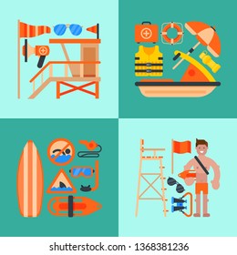 Rescue worker banner vector illustration. Lifeguard equipment. Rescue worker station. Lifeguard training. Supplies such as life vest, chair, flag, whistle, megaphone, rescue can.
