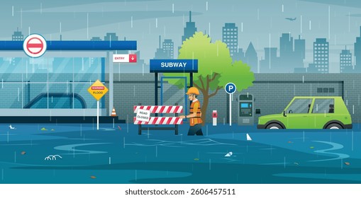 Rescue workers are installing flood warning signs on subways that are shutting down.
