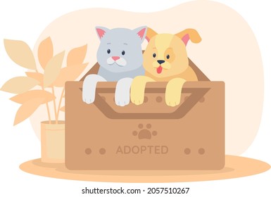 Rette Haustiere in Feld 2D, Vektorgrafik einzeln. Tierrettung. Hund und Katze im Behälter für Unterkünfte. Kätzchen und welpen, flache Figuren auf Cartoon-Hintergrund. Adoption bunter Szene