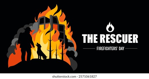 The Rescuer banner. A Brave Firefighter and His Loyal Dog Amidst the Ruins of a Burning Building