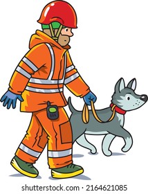 Rescuer with cadaver dog. Lifeguard vector cartoon