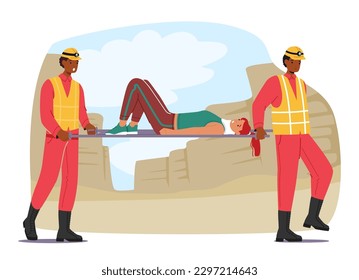 Rescuer Characters Carry Woman With A Neck Fracture On A Stretcher, Carefully Maneuvering Her Through The Area To Safely Transport Her To Medical Assistance. Cartoon People Vector Illustration