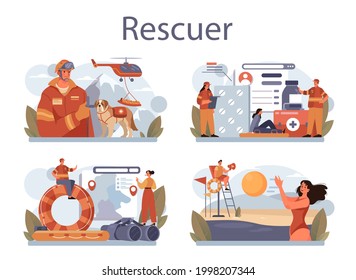 Rescuer Concept Set. Urgent Help. Ambulance Lifeguard Assisting First Aid To Injured Person. Lifesaver On A Beach Or Finding People Operation. Isolated Flat Vector Illustration