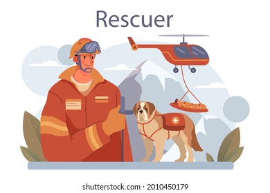 Rescuer Concept. Urgent Help. Ambulance Lifeguard Assisting First Aid To Injured Person. Lifesaver On A Beach Or Finding People Operation. Isolated Flat Vector Illustration