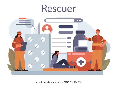 Rescuer Concept. Urgent Help. Ambulance Lifeguard Assisting First Aid To Injured Person. Lifesaver On A Beach Or Finding People Operation. Isolated Flat Vector Illustration