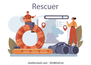 Rescuer Concept. Urgent Help. Ambulance Lifeguard Assisting First Aid To Injured Person. Lifesaver On A Beach Or Finding People Operation. Isolated Flat Vector Illustration