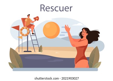 Rescuer Concept. Urgent Help. Ambulance Lifeguard Assisting First Aid To Injured Person. Lifesaver On A Beach Or Finding People Operation. Isolated Flat Vector Illustration