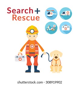 Rescuer with Dog, Emergency Vehicle and Equipment Icons, First Aid