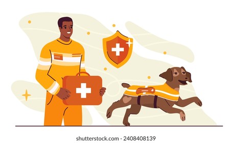 Rescuer with dog. Man with first aid kit in red box near shield. Beach guard with puppy. Help and lifesave worker. Cartoon flat vector illustration isolated on white background