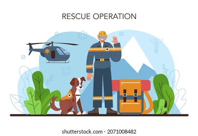 Rescatador. Ayuda de emergencia, socorrista de ambulancias con uniforme para ayudar en primeros auxilios, ahogando a personas salvando y encontrando operacion. Ilustración vectorial plana aislada