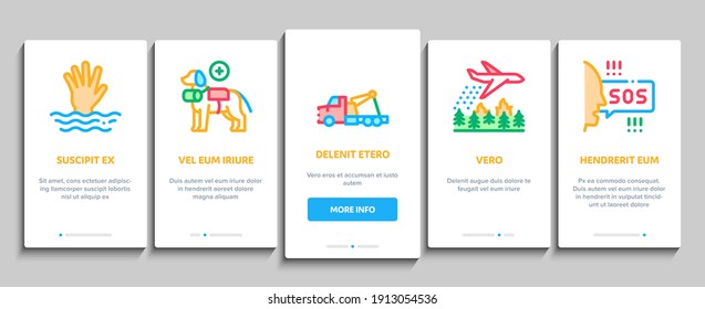 Rescuer Equipment Onboarding Mobile App Page Screen Vector. Rescue Dog And Truck, Helicopter And Lifebuoy, Tornado And Tsunami, Ship Fire And Explosion Illustrations