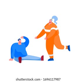 Rescuer Female Character Wearing Orange Uniform Running to Help Injured Man Sitting on Ground. Ambulance Emergency Help, Victim Salvation, First Aid to Diseased People. Cartoon Vector Illustration