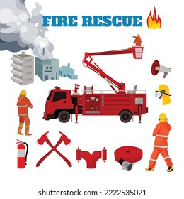 Rescuer and firemen, fire engines, firemen, burning, Elements for use in vector illustrations and designs.