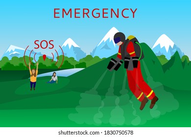 Rescuer in a flying jet suit rushes to help people in the mountains. Signal for emergency services. Ambulance banner .. Vector illustration, flat style.